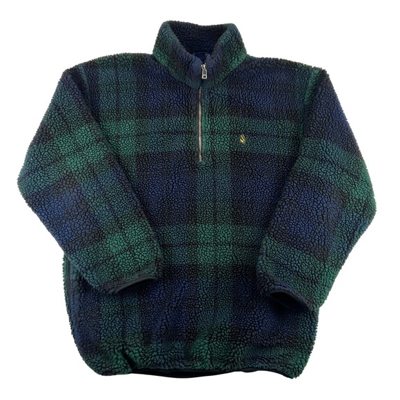 Vintage Nautica Blackwatch Plaid Sherpa Fleece Pullover Men Large Y2K Preppy USA - Picture 1 of 9